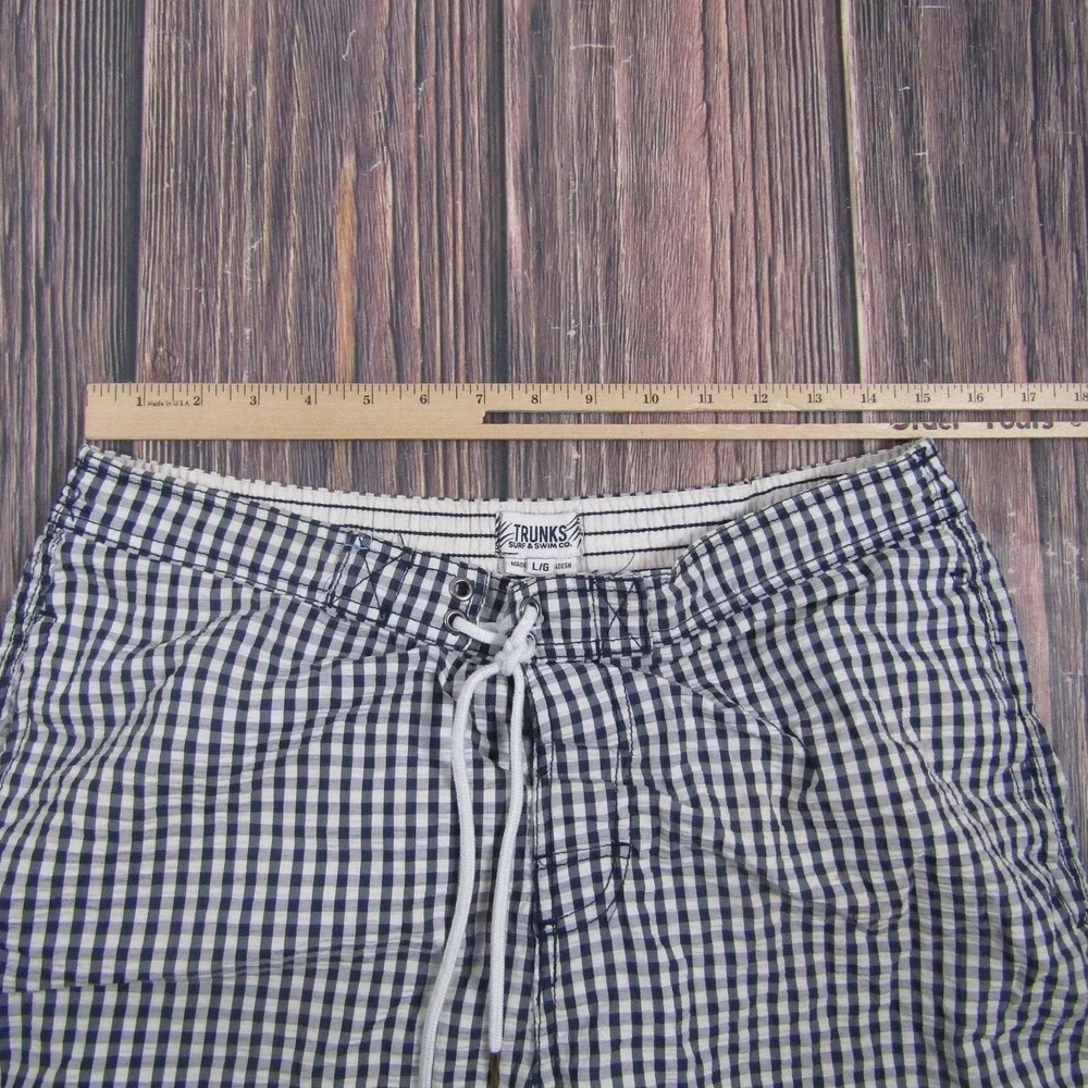 Trunks Surf & Swim Co. Mens L Blue Check Swim Trunks Lined Drawstring Pockets